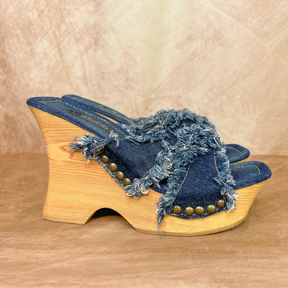 Vintage Y2K Splash Denim Fringe Wedge Platform Sandals High Heels 90s Studded - Picture 9 of 11